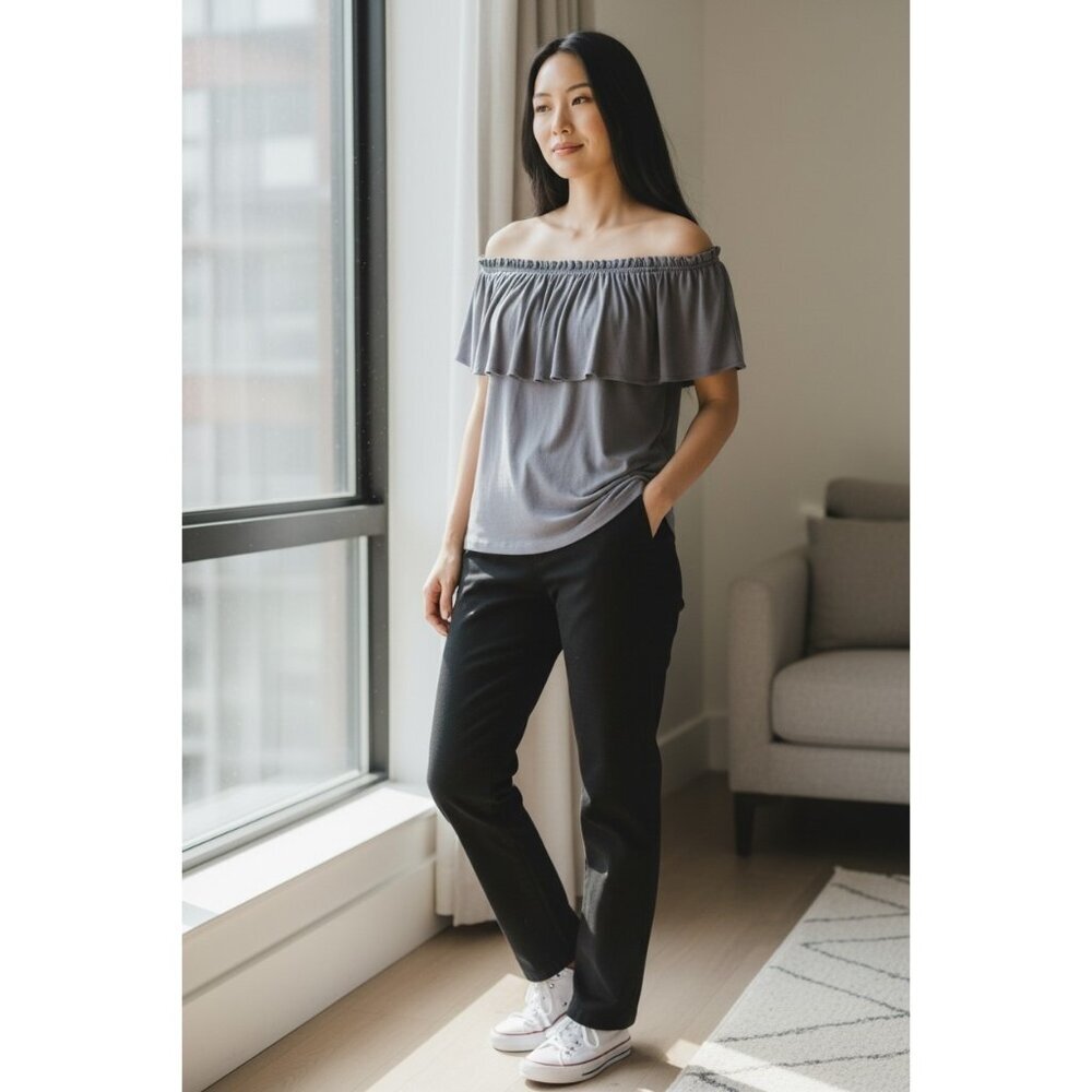 Abercrombie & Fitch Gray Off Shoulder Ruffle Top Size L Short Sleeve